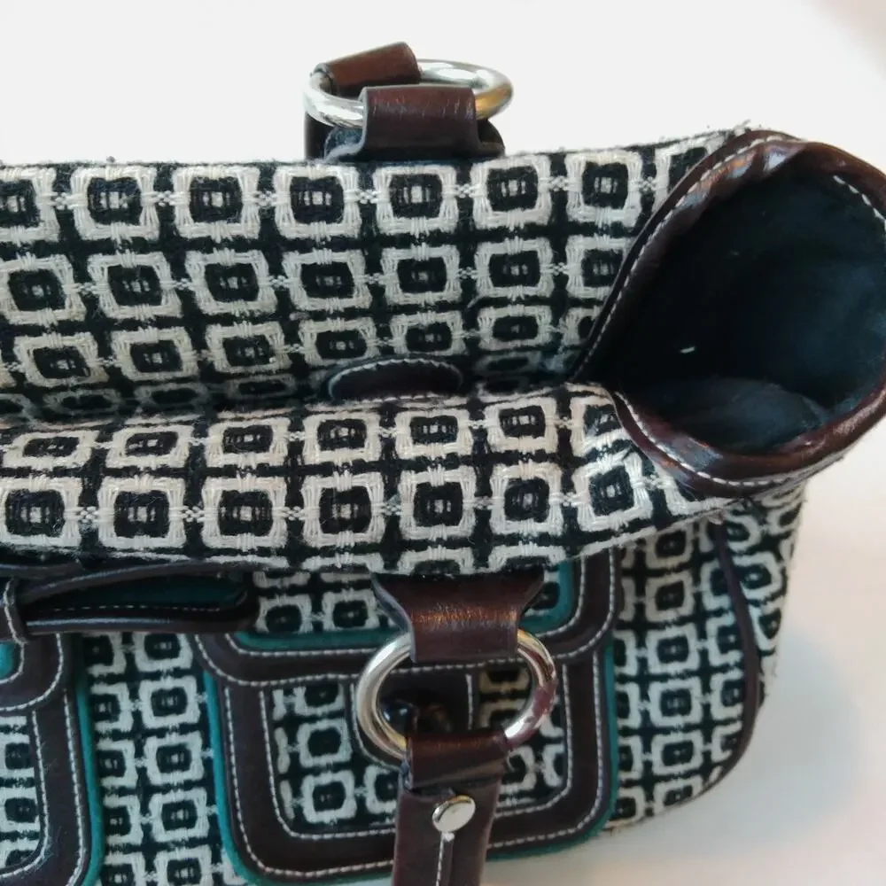 Vintage Y2K Tweed Black and White Teal Trim Satchel Bag Purse